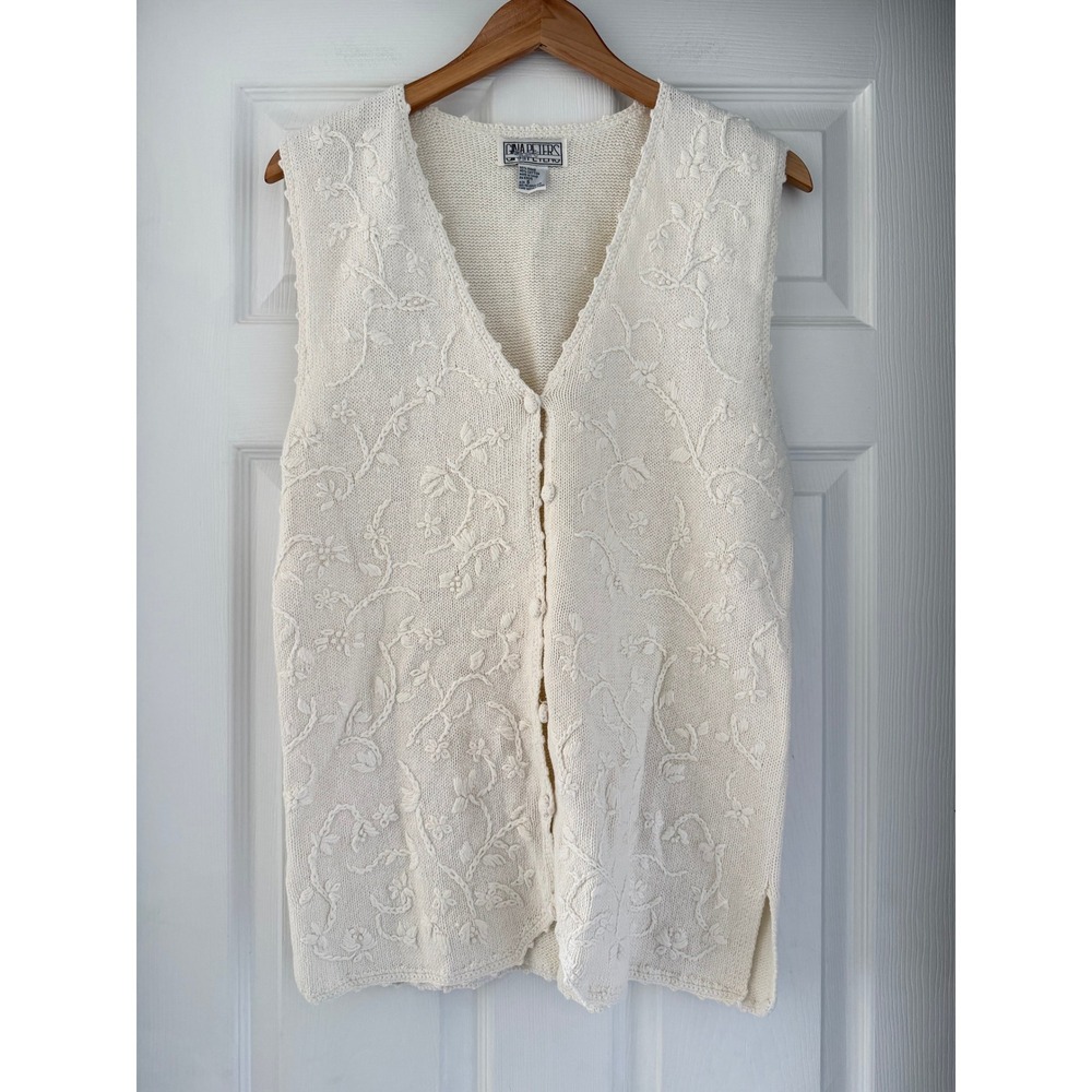 Vintage Womens White Knit Floral Embroidered Vest